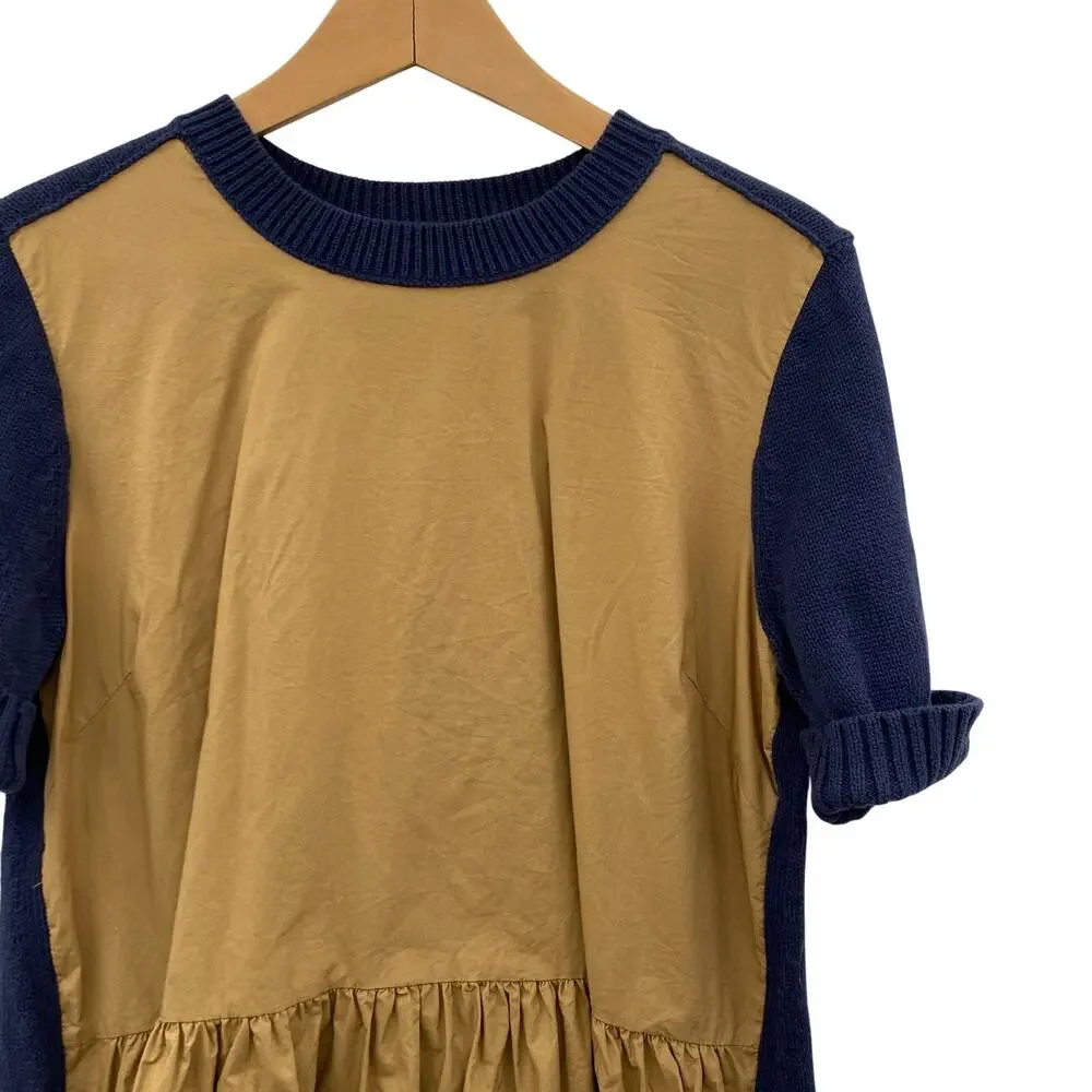 J. Crew mixed media blue tan sweater top